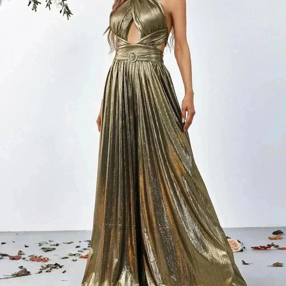 Bronze Women's Cross Wrap Front Backless Metallic Halter Wide Leg Jumpsuit - Picture 3 of 6
